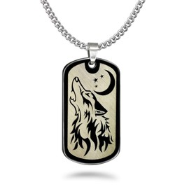 K & Co. Black Dog Tag Necklace, Wolf Necklace, Stainless Steel Dog Tag Necklace, Personalize Engraved Wolf Dog Tag Necklace, Black Dog Tag Necklace SSN668 (with Back Engraving)
