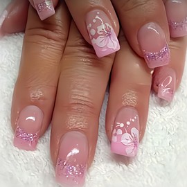 Flower Press on Nails Spring Fake Nails Short Square False Nails with Pink Blossoms Designs French Tip Glue on Nails Spring Stick on Nails Summer Full Cover Cute Acrylic Nails Glossy Artificial Nails