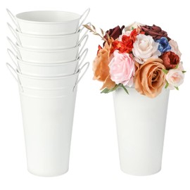 6 cubos de flores blancas, jarrones de metal galvanizado, jarrones de flores de 11.8 pulgadas con asas, cubeta de flores francés, jarrones rústicos para decoración del hogar, mesa de boda