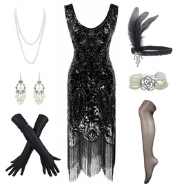 Women's Flapper Dress Sequin Cocktail 1920s Gatsby Dress w/Accessories Set (XX-Large, Style02-Black)