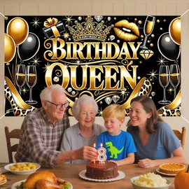 Cmialusie Luxury Golden Crown Birthday banner 70.8x43.3 inches - Elegant Design with Diamonds and Champagne