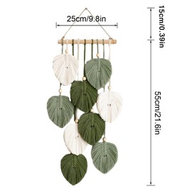 Jlnmmn Macrame Wall Hanging Boho Decorative Macrame Tapestry with Wooden Beads and Green Leaves Tapestry Handmade Tapestry for Outdoor, Living Room, Bedroom, Indoor