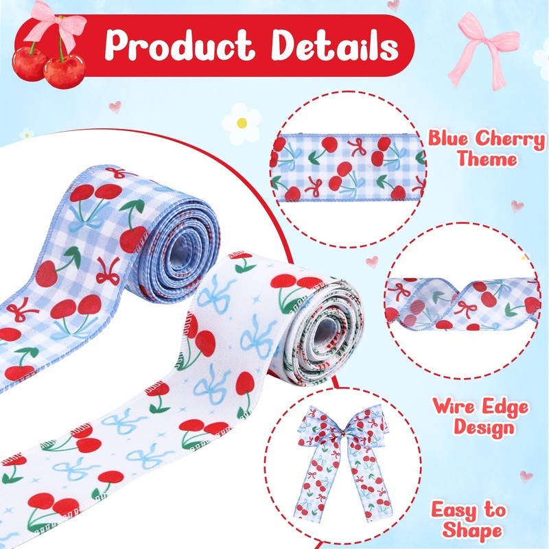 Diartpaint Cherry Bow Wired Edge Ribbons Blue 2 Rolls 10