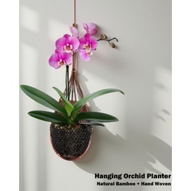 Gogeffor Hanging Orchid Planter Plant Pot: 5 Packs Bamboo Flower Basket with Handmade Environmentally Adjustable for Indoor Wall Railing Outdoor Garden
