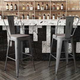 Flash Furniture Lincoln Commercial Indoor Metal Bar Stool - Clear Coated Metal Frame - Gray Polystyrene Seat - 24 Inches High - Vertical Slat Back