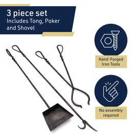 Kings County Tools 3-Piece Fireplace Tool Set - Hand Forged Iron Fireplace Tools with Extra Long 44” Fire Poker, 28” Tongs, and 36” Shovel - Fire Tools for Fireplaces, Fire Pits, or Woodstoves (Black)