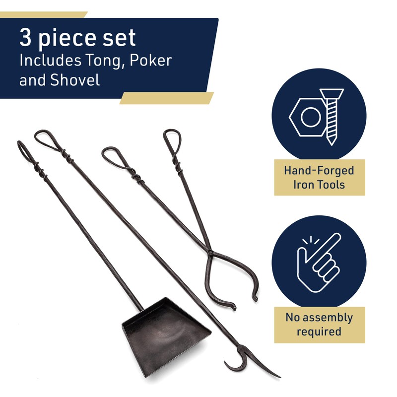 Kings County Tools 3-Piece Fireplace Tool Set - Hand Forged