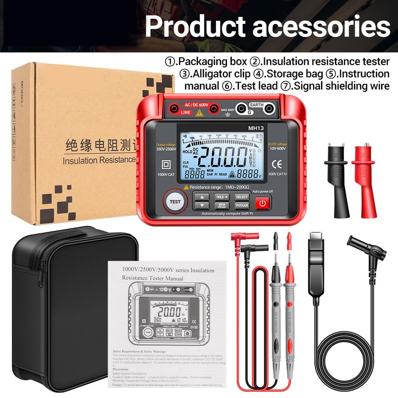 MH13 250V-2500V Digital Insulation Resistance Tester 1MΩ-200GΩ Megger Megohm Testing