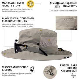 TOP-EX XL/XXL Mens Sun Hat with Sunglass Lock UV Protection Wide Brim Summer Hats with Neck Flap Waterproof Outdoor Fishing Hiking Safari Packable 94603_Grey L/XL