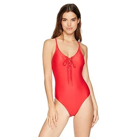 Mae - Traje de baño para mujer, Hannah con cordones en la parte delantera (para copas A-C), color rojo lava, talla XG