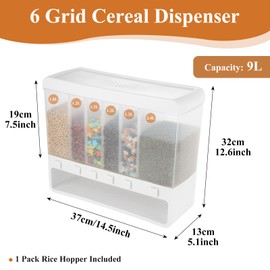 LDHHYH Dry Food Dispenser, 6 Grid Cereal Dispenser with Measuring Cup, 20 Pounds Rice Dispenser Grain Dispenser, Rice Storage Container for Storing Rice, Beans, Grains, Dry Food