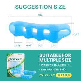 Welnove Toe Separators Spacers for Women - 5 Pack Gel Toe Straightener to Correct Bunions and Relieve Foot Pain - Silicone Toe Spacers for Toe Overlapping Yoga Practice, Non-Slip Design, Blue