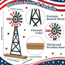 Tandefio Patriotic Farmhouse Windmill Table Top 11.8 Inch Metal Rusted 4th of July Vintage Desk Shelf Decor Farmhouse Kitchen American Flag Red White Blue Windmill for Memorial Day Rustic Home Decor