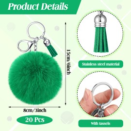 Nosiny 20 Pcs Cheer Faux Pom Pom Keychain Gifts Bulk with Tassel Cheerleading Keyring Charm Gift Cheer Team Sport Accessory(Green)