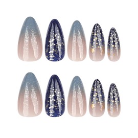 Almond Press on Nails Medium Star Fake Nails Blue Ombre Acrylic Nails with Glitter Gradient False Nails Press on Gold Star Artificial Nails Glue on Nails for Women Girls Manicure 24Pcs