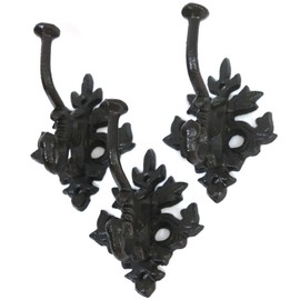 3Pcs Coat Hooks, Heavy Duty Vintage Cast Iron Hook with 2 Hook for Wall Hanging, Wall Mounted Antique Hooks with Screws for Hang Coat, Scarf, Bag, Key, Cap, Backpack, Easy Installation and Durable