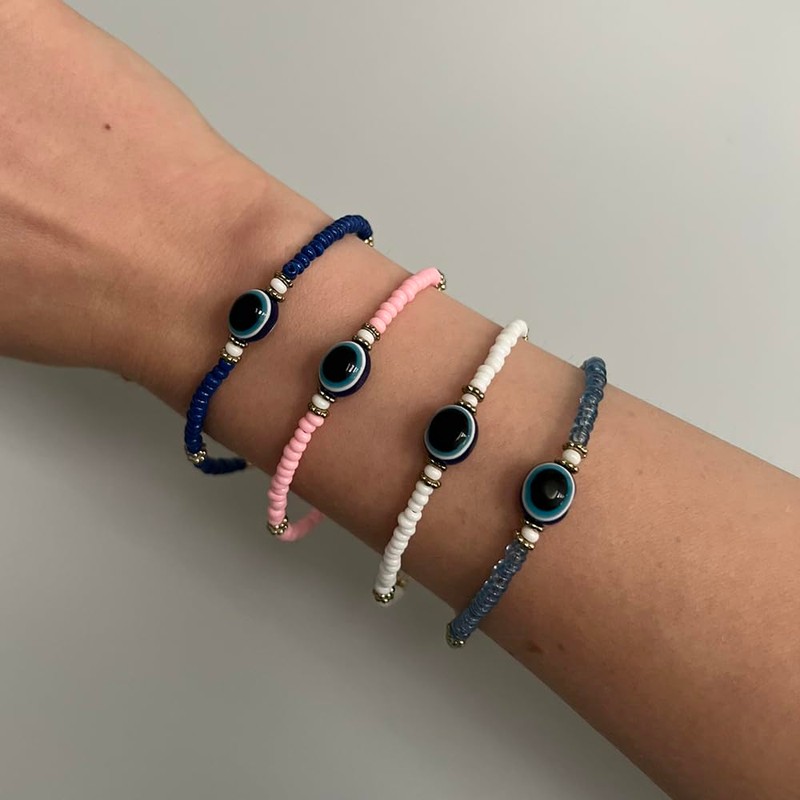 VIE Evil Eye Bracelet, White Beads (Blue)