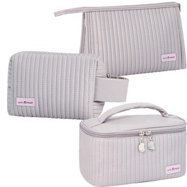 Linpr - Bolsa de maquillaje de 3 piezas, bolsa de cosméticos de piel sintética a rayas, organizador de maquillaje portátil impermeable para viajes, bonitas bolsas de maquillaje para mujeres y niñas, Púrpura claro, Simple