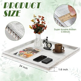 Yoande Extra Large Square Ottoman Table Tray with Wooden Bead Washed Wooden Serving Tray Multipurpose Decorative Square Ottoman Tray for Coffee Table Platter Room Kitchen Counter (White,24 x 24 Inch)