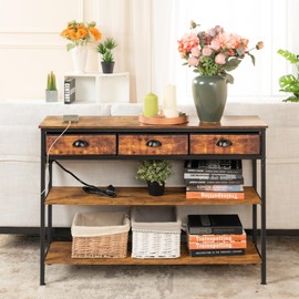 FurnitureR Rustic Console Table with USB Ports & Power Outlets, 43.3" Narrow Sofa Table for Entryway, Hallway & Living Room, 3 Fabric Drawers & Storage Shelves, Modern Farmhouse Style, Vintage Brown
