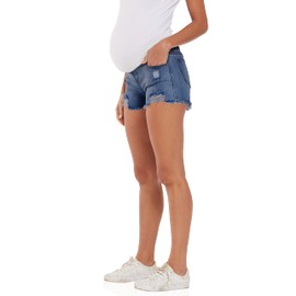 V VOCNI Maternity Shorts Denim Women's Maternity Indigo Blue Mom Tassel Secret Underbelly Jeans Shorts B Indigo Blue Large