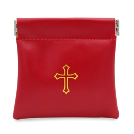Squeeze Top Rosary Pouch Red Faux Leather with Cross Imprint
