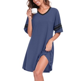 YVH Women's Nightdresses Nightshirt V Neck Nightwear Casual Nighties Sleepwear Short Sleeve Nightgown Night Dress Loungewear Pajama, Navy Blue, M
