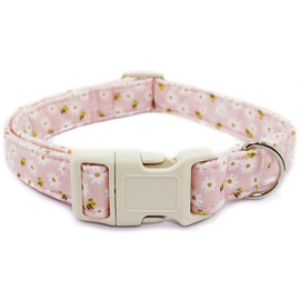 Floral Dog Collar Adjustable for Small Dogs - Cute Spring Summer Girl Dog Collar for Female Dogs, Blooming Flower Pattern Cotton Collar with Quick Release Buckle, Pink Daisy Bee-L