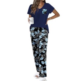 Ekouaer Pajama Sets for Women Short Sleeve Pj Set V Neck Sleepwear Chest Pocket with Long Pants Casual Loose Loungewear Black Navy Floral M