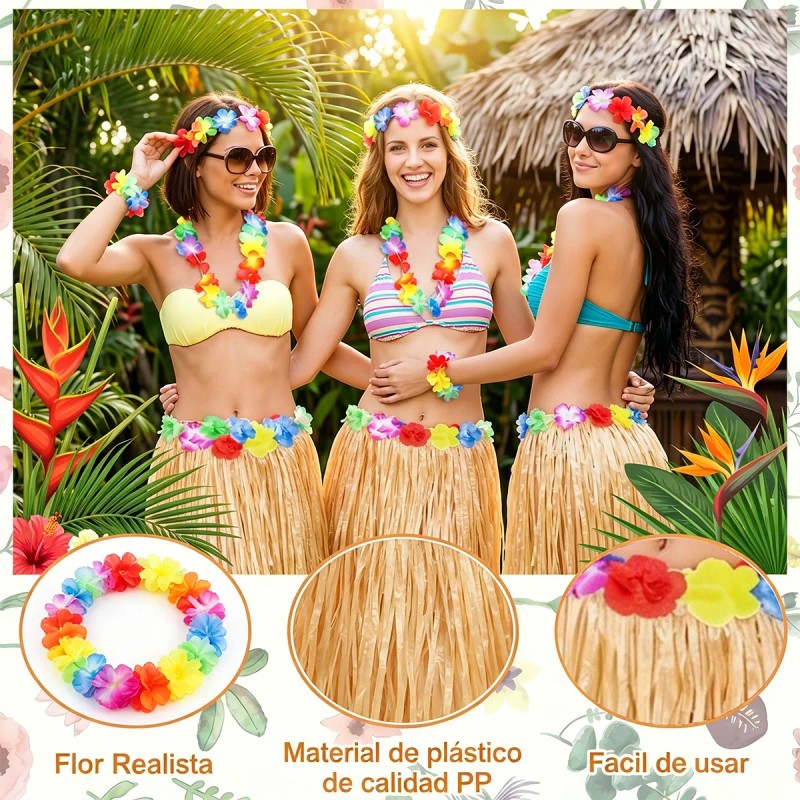 4 Set Falda Pulseras Collar Diadema Hawaiano Disfraz Fiesta