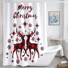 Jbralid Merry Christmas Shower Curtain Christmas Reindeer Snowflake Red and Black Buffalo Check Plaid Waterproof Shower Curtains for Bathroom Decorations with Hooks 72x72 Inch