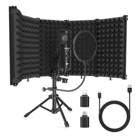 Studio Recording Microphone Isolation Shield with Pop Filter and Metal Tripod Stand, Studio Mic to PC Laptop Smartphone, Music Microphone for Recording Singing Podcasting