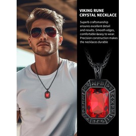 ChainsHouse Rune Necklace for Men Women Stainless Steel Necklace with Onyx/Ruby/Emerald/Sapphire Stone Viking Rune Pendant with Zirconia Protection Amulet Fashion Jewellery for Birthday Valentine's