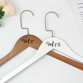 Mr. and Mrs. Wooden Bride Hanger, Wedding Dress Hangers, Set of 2 (White + Vintage)