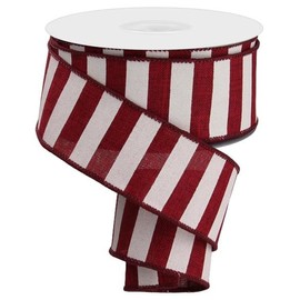 Horizontal Stripe Wired Edge Ribbon - 10 Yards (Burgundy, Ivory, 1.5 Inch)