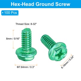 PATIKIL 8-32 x 5/16 Inch Thread Ground Screws, 100 Pack Green Electrical Grounding Screw Hex Phillips Head Flanged for Home Electrical Lamp