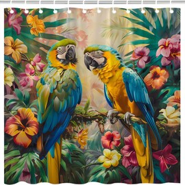Tropical Parrots Shower Curtain Colorful Birds on The Branch Lush Jungle Hibiscus Floral Green Palm Leaf Animal Spring Rainforest Exotic Nature Landscape Bathroom Decor Fabric Curtain with Hooks