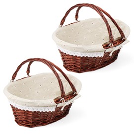 JOIKIT 2 Pack Wicker Woven Basket with Handle, Oval Wicker Picnic Basket with Linen Cloth Lining, Brown Woven Willow Basket for Eggs, Candy, Gift, 30 x 23 x 12cm