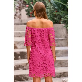 PRETTYGARDEN Women's Summer Off Shoulder Vintage Floral Lace Flare Short Sleeve Loose Elegant Mini Dress (Rose Red,Small)