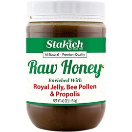 Stakich Royal Jelly, Bee Pollen, Propolis Raw Honey - Pure, Unprocessed, Unheated - 40 Ounce