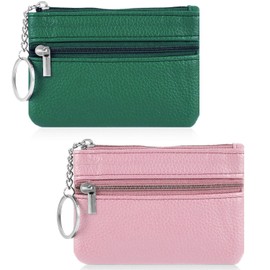 2 PCS Coin Purse Men Small Purses for Women Coin Holder Coin Pouch Purses with Key Ring Zipper Pouch Card Holder Small Change Wallet Coin Case Mini Purse Small (Green and Pink)
