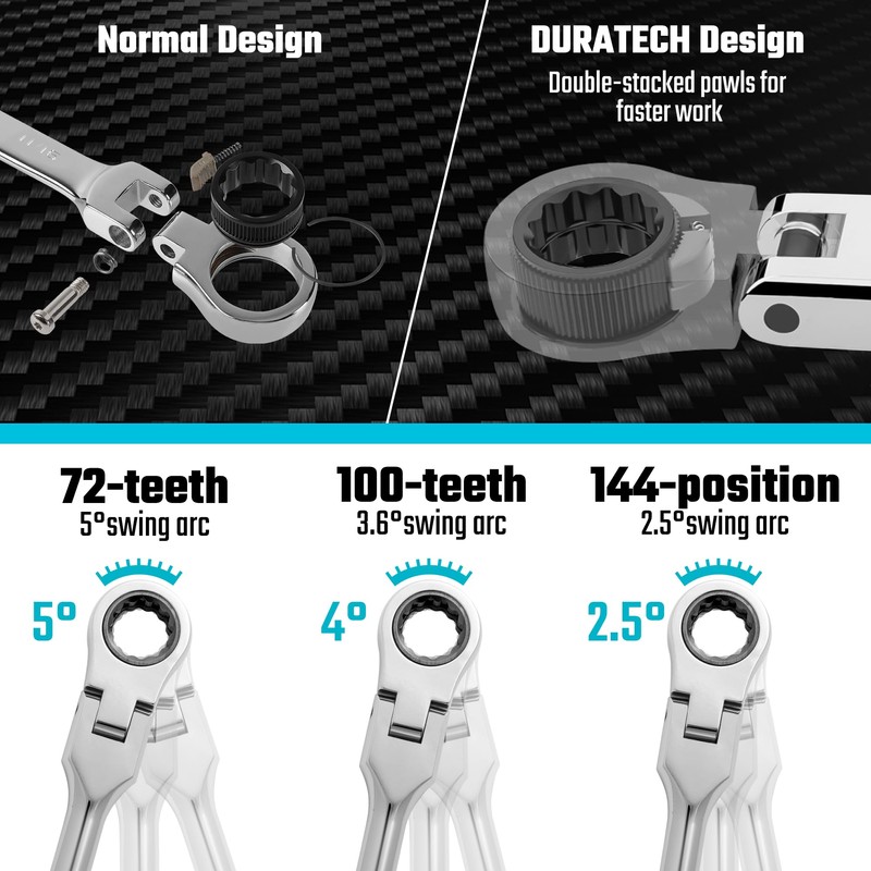 DURATECH Extra Long Flex Head Ratchet Wrench, 144-P, Double-Stacked Pawls,