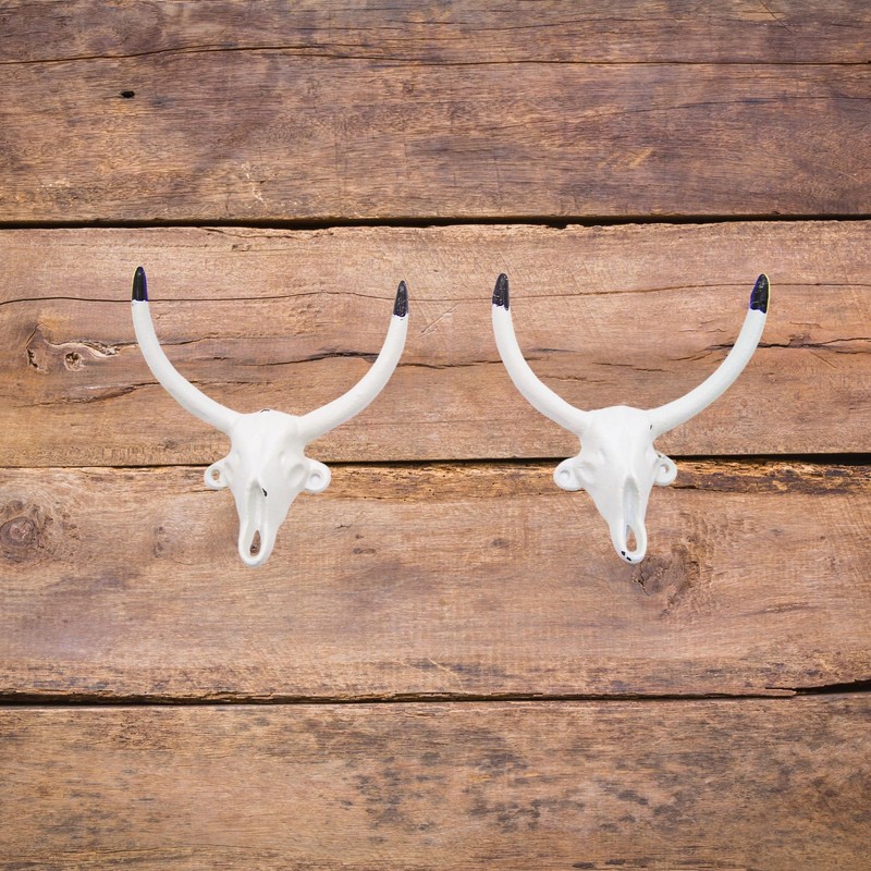 Decorative Cast Iron Bull Horns Wall Decor, 6 Inch, White,