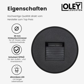 Oley Leuchten® Luma Stair Light, 230 V, Dimmable, IP54, Flush-Mounted Box, Outdoor, Indoor, Round, Black