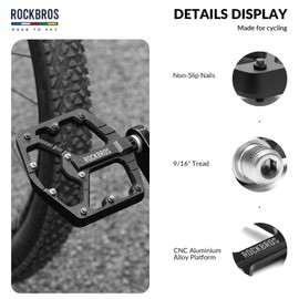 ROCKBROS Road-to-Sky Bicycle Pedals Platform Bicycle Pedals 9/16 Inch Aluminium Alloy Non-Slip Pedals for Road Bikes Mountain Bikes BMXs E-Bikes