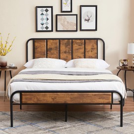 VECELO Queen Size Platform Bed Frame with Wooden Headboard,Sturdy Steel Slats Support/Matress Foudation/No Box Spring Needed(Brown)