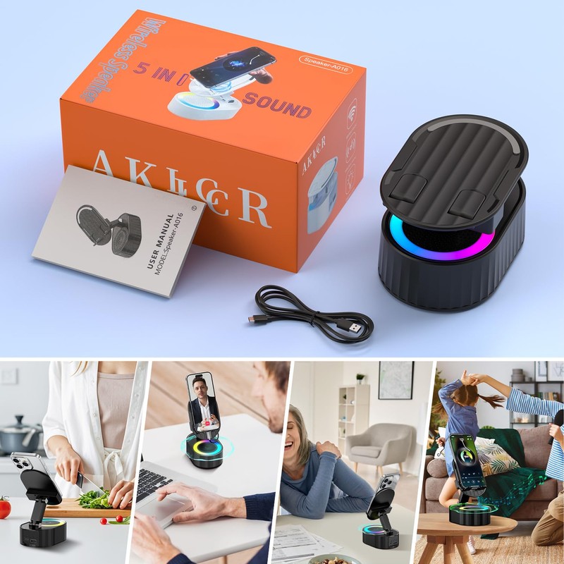 AKLLCCR Wireless Induction Audio Bluetooth Speaker 5in1 Phone Holder Emergency