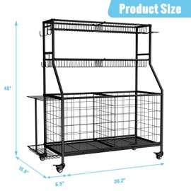 WUC Sports Equipment Organizer - Garage Ball Storage Rack with Basket, Hooks and Rolling Cart for Toy Sports Gear Storage, Black