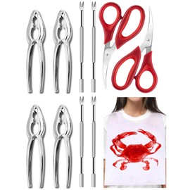 12pcs Crab Crackers and Picks Set of 4, including 4 Crab Crackers, 4 Crab Leg Picks and 2 Seafood Scissors & 2 Crab Bibs, Stainless Steel Lobster Crackers Seafood Eating Tools for Seafood Boil Party