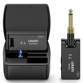 LEKATO Wireless Guitar System with Charging Case, Rechargeable 2.4GHz Wireless Transmitter Receiver Guitar Wireless System 4 Channels with Dual Plugs 3.5mm/6.35mm,(WS-100)
